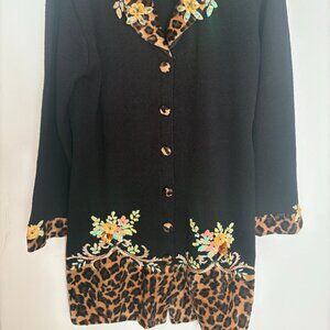 NWT vintage STORYBOOK KNITS floral-embroidered black/leopard print cardigan sz S